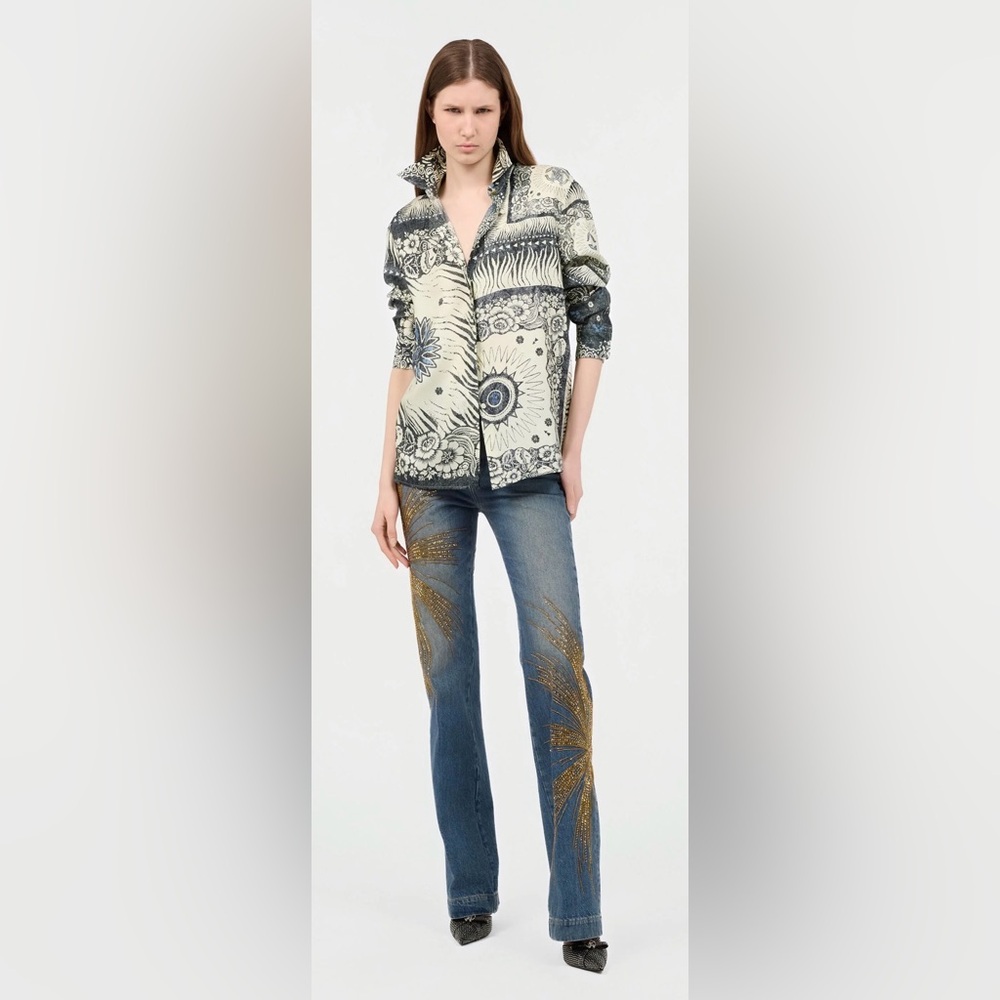 Roberto Cavalli 44 US 8 Blue Jeans Gold Snake Serpent Skinny Blu Scuro Italy NWT